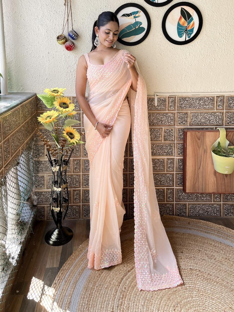 Soft Georgette Light Peach Saree with Embroidery & Seqwance  Work