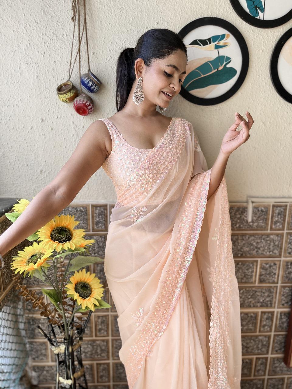 Soft Georgette Light Peach Saree with Embroidery & Seqwance  Work