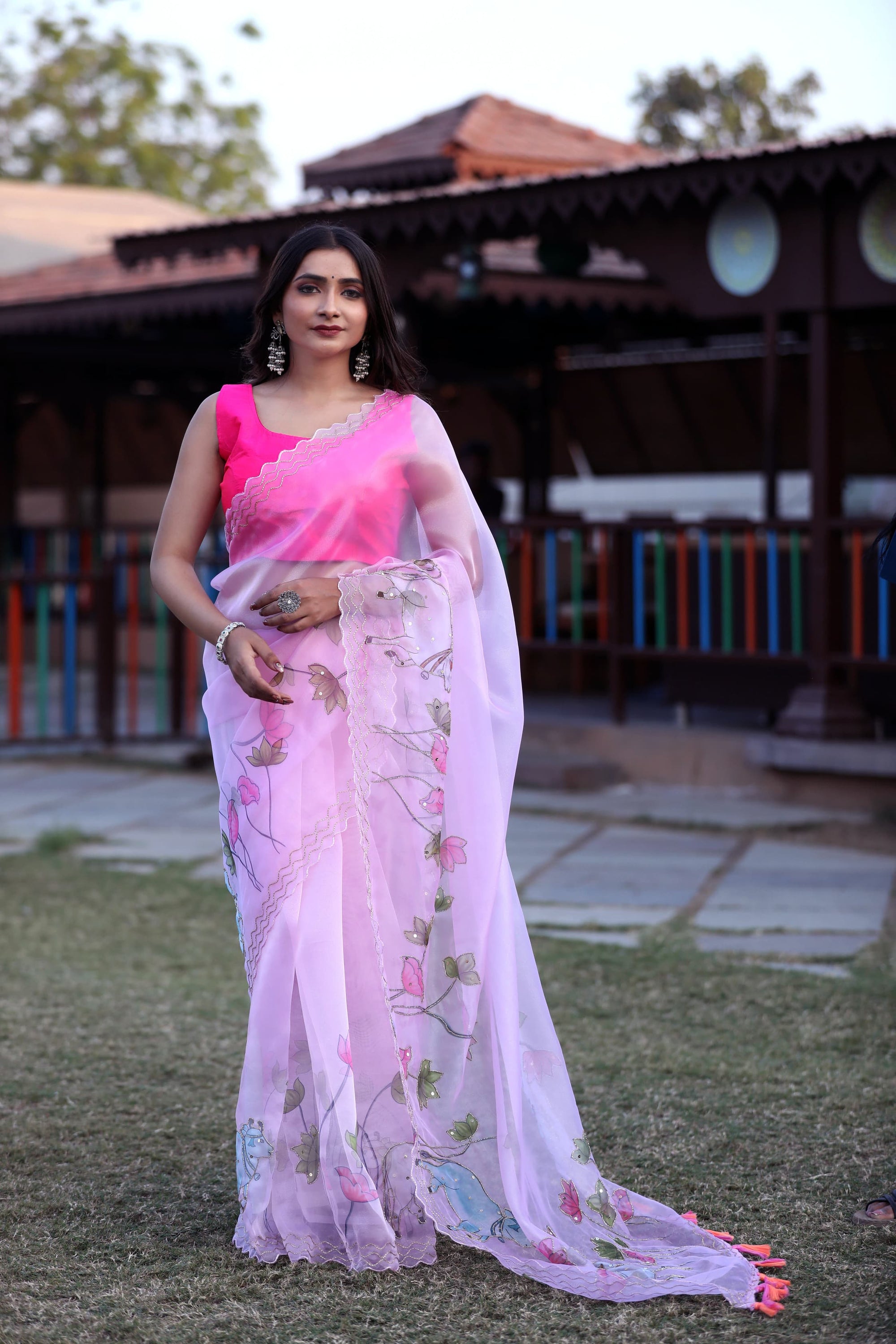 Pure Organza Light Pink Digital Print with Heavy Khatli Work Saree