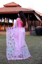 Pure Organza Light Pink Digital Print with Heavy Khatli Work Saree