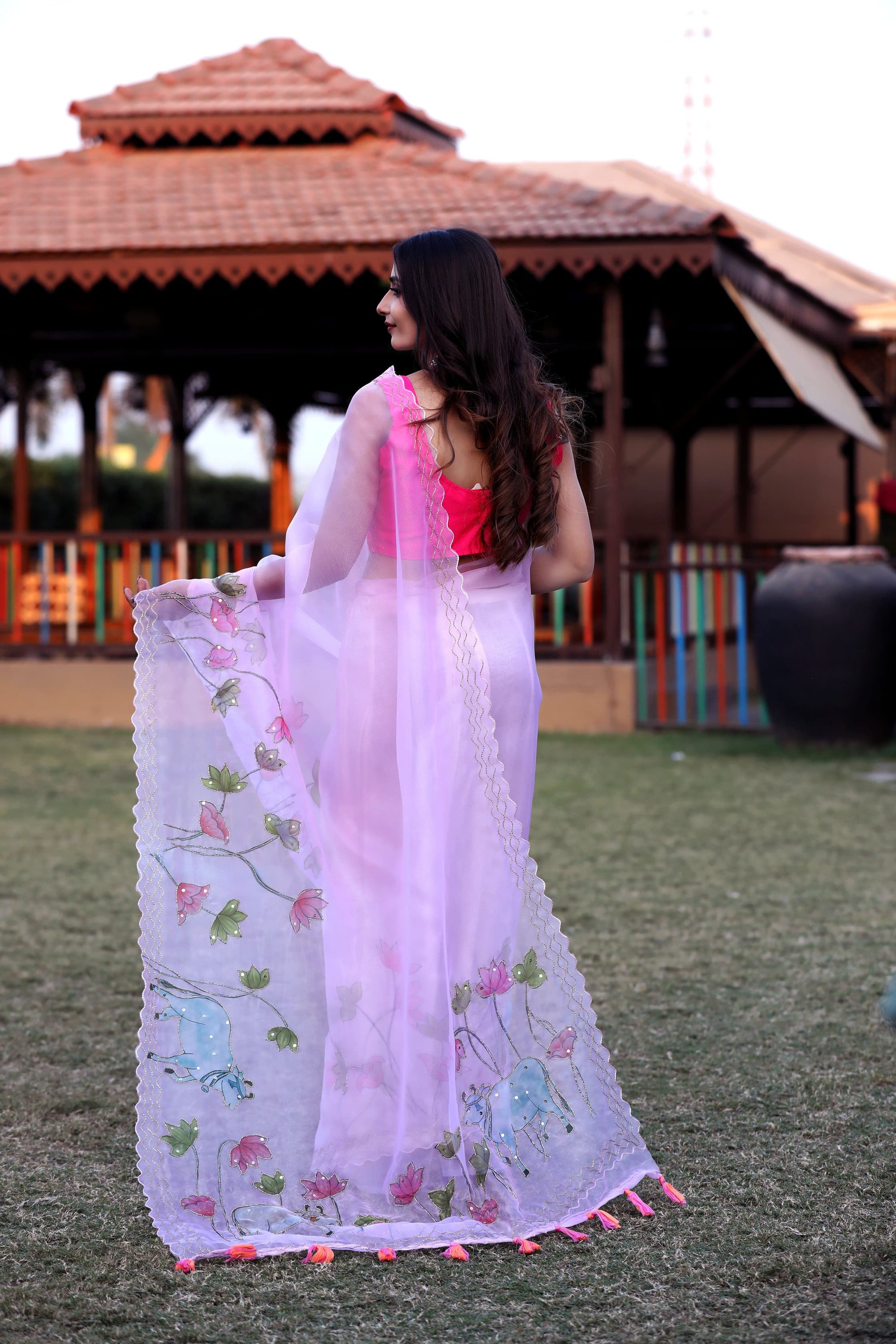 Pure Organza Light Pink Digital Print with Heavy Khatli Work Saree