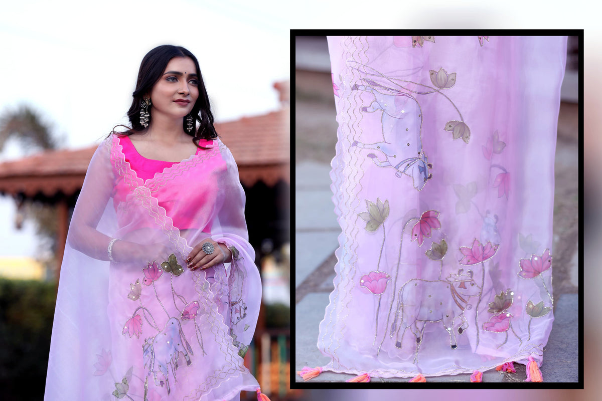Pure Organza Light Pink Digital Print with Heavy Khatli Work Saree