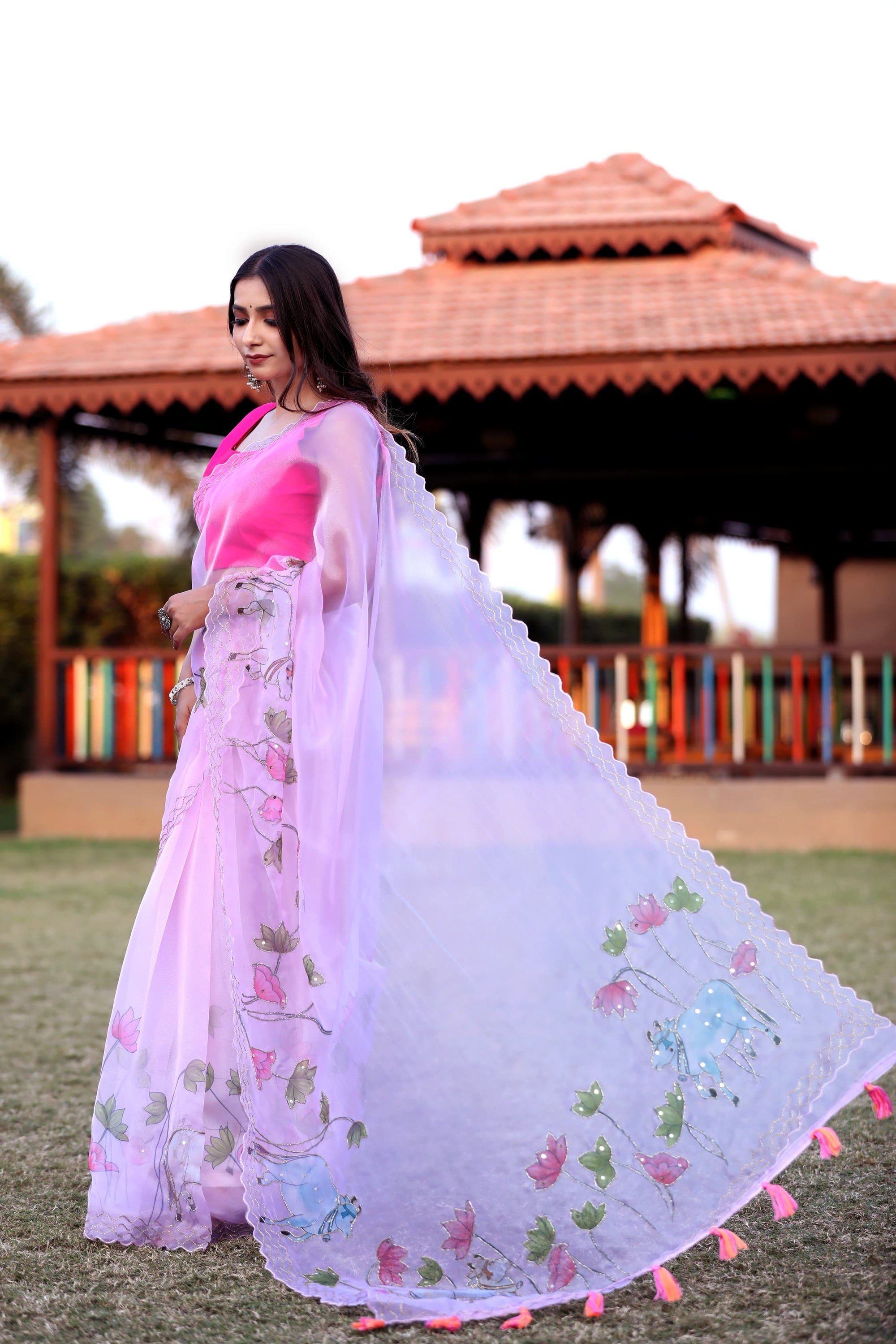 Pure Organza Light Pink Digital Print with Heavy Khatli Work Saree
