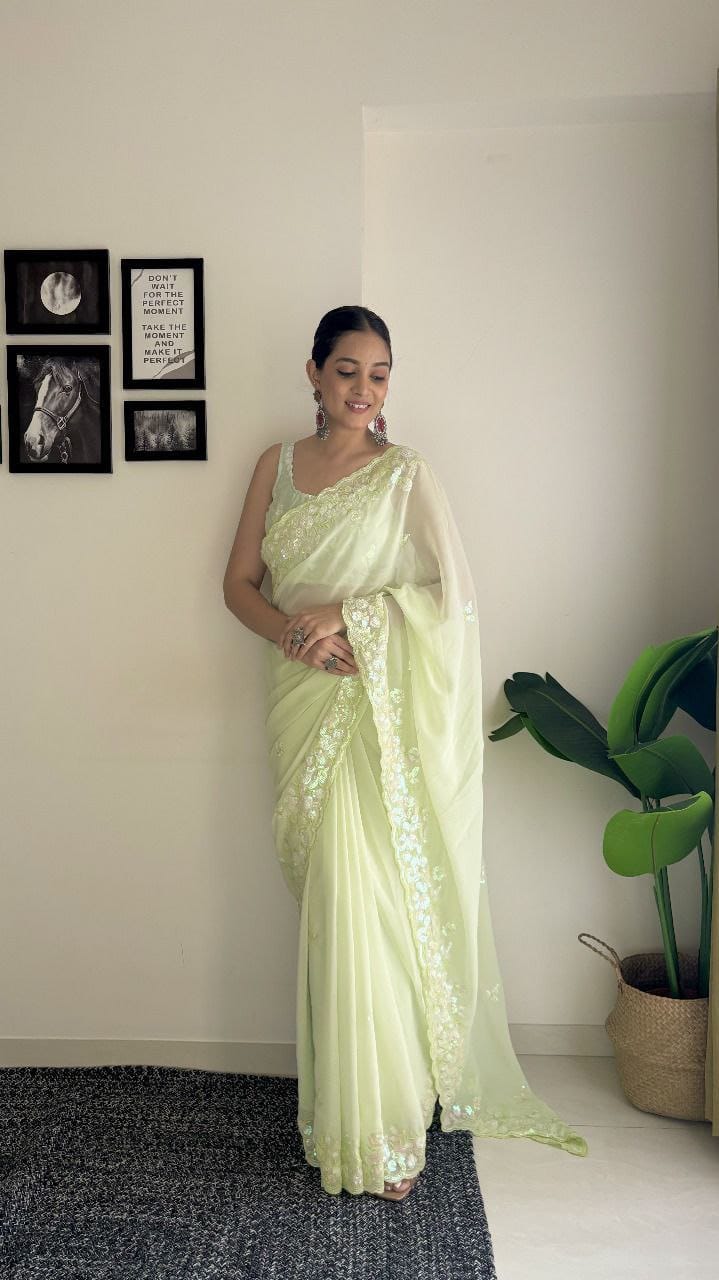 Beautiful Yellow Georgette Saree with Sequence Embroidery Work