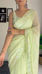 Beautiful Yellow Georgette Saree with Sequence Embroidery Work