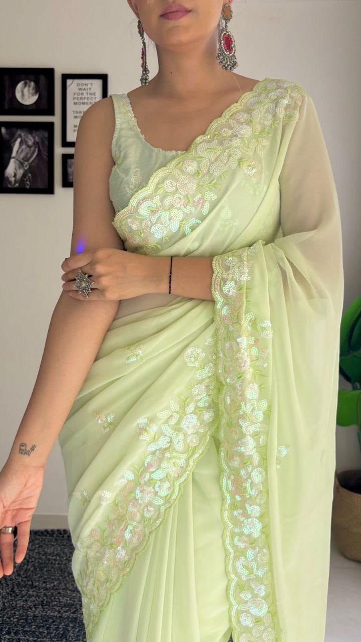 Beautiful Yellow Georgette Saree with Sequence Embroidery Work
