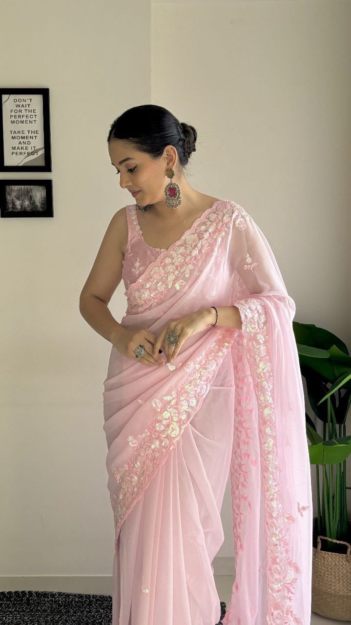 Beautiful Peach Georgette Saree with Sequence Work