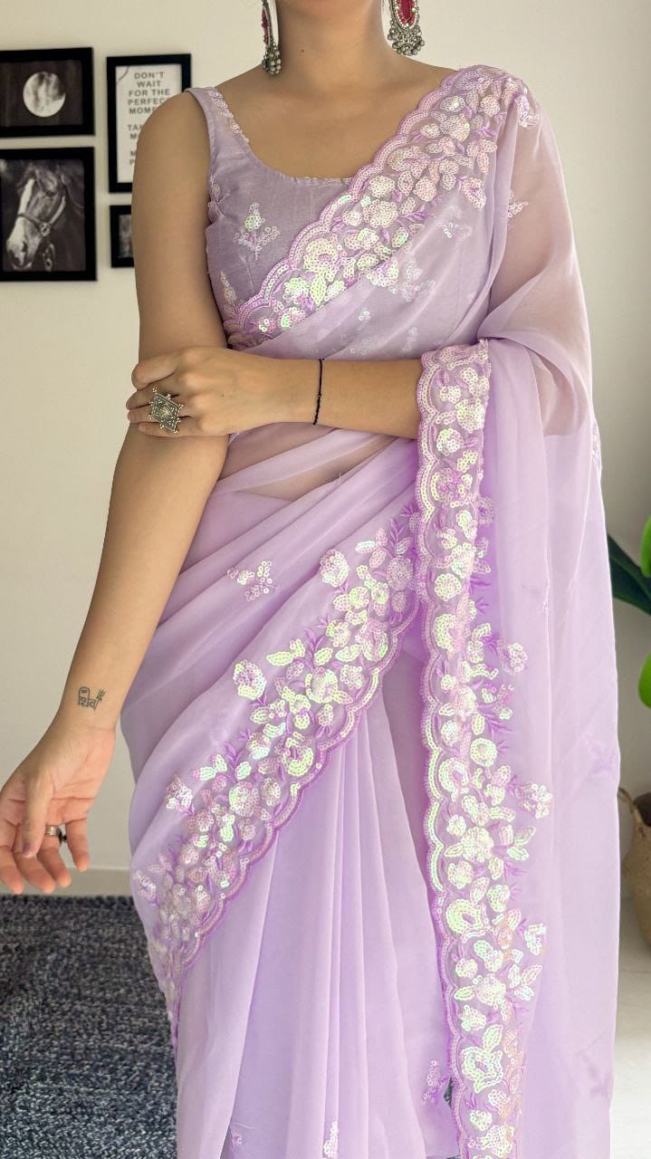 Beautiful Light Purple Georgette Saree with Sequence Embroidery Work