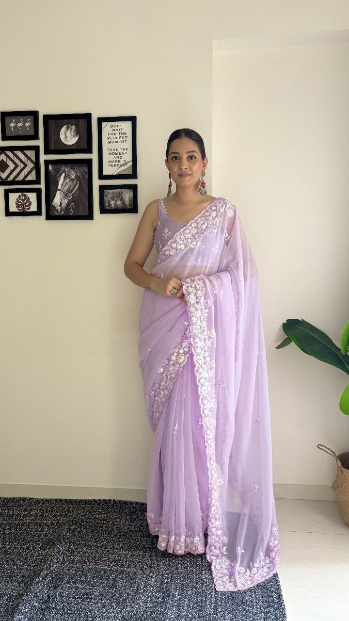Beautiful Light Purple Georgette Saree with Sequence Embroidery Work