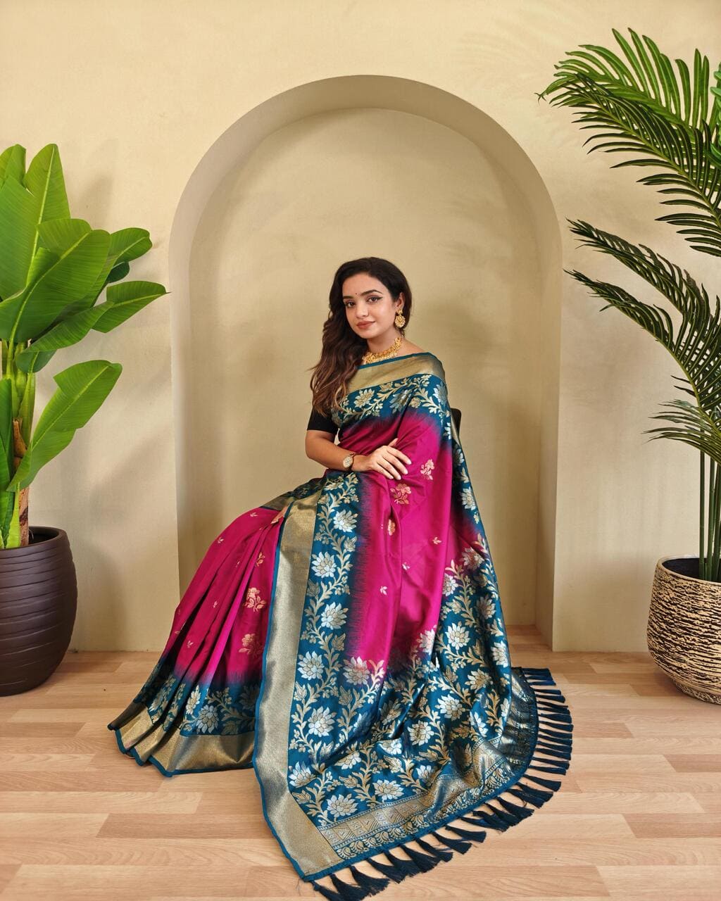Luxury pink silk saree with blue pallu, elegant festive wedding style attire for women
