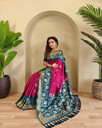 Luxury pink silk saree with blue pallu, elegant festive wedding style attire for women