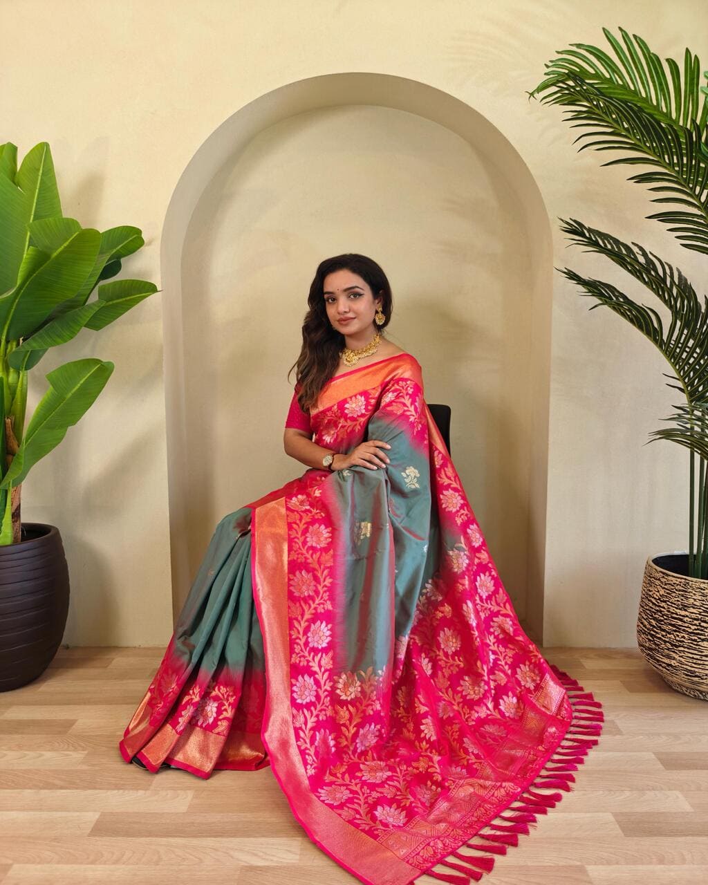 Elegant Green Silk Saree with Red Tassels, perfect for Wedding and Festive Wear