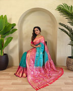 Designer firozi silk saree with contrast pallu tassels, elegant wedding festive wear