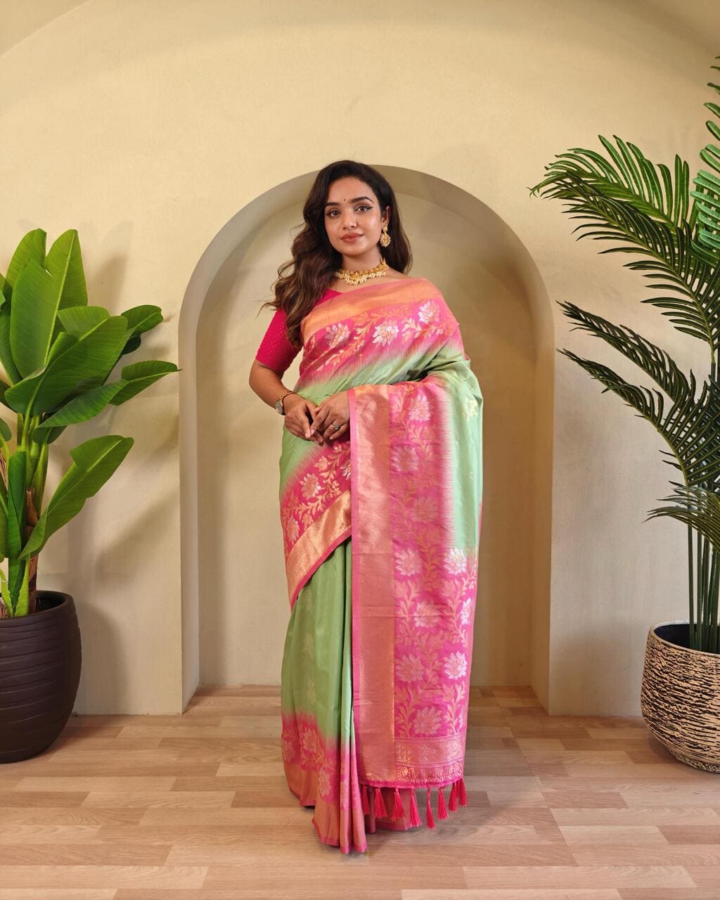 Elegant Pista silk saree with tassels and zari work, perfect for wedding and festive wear