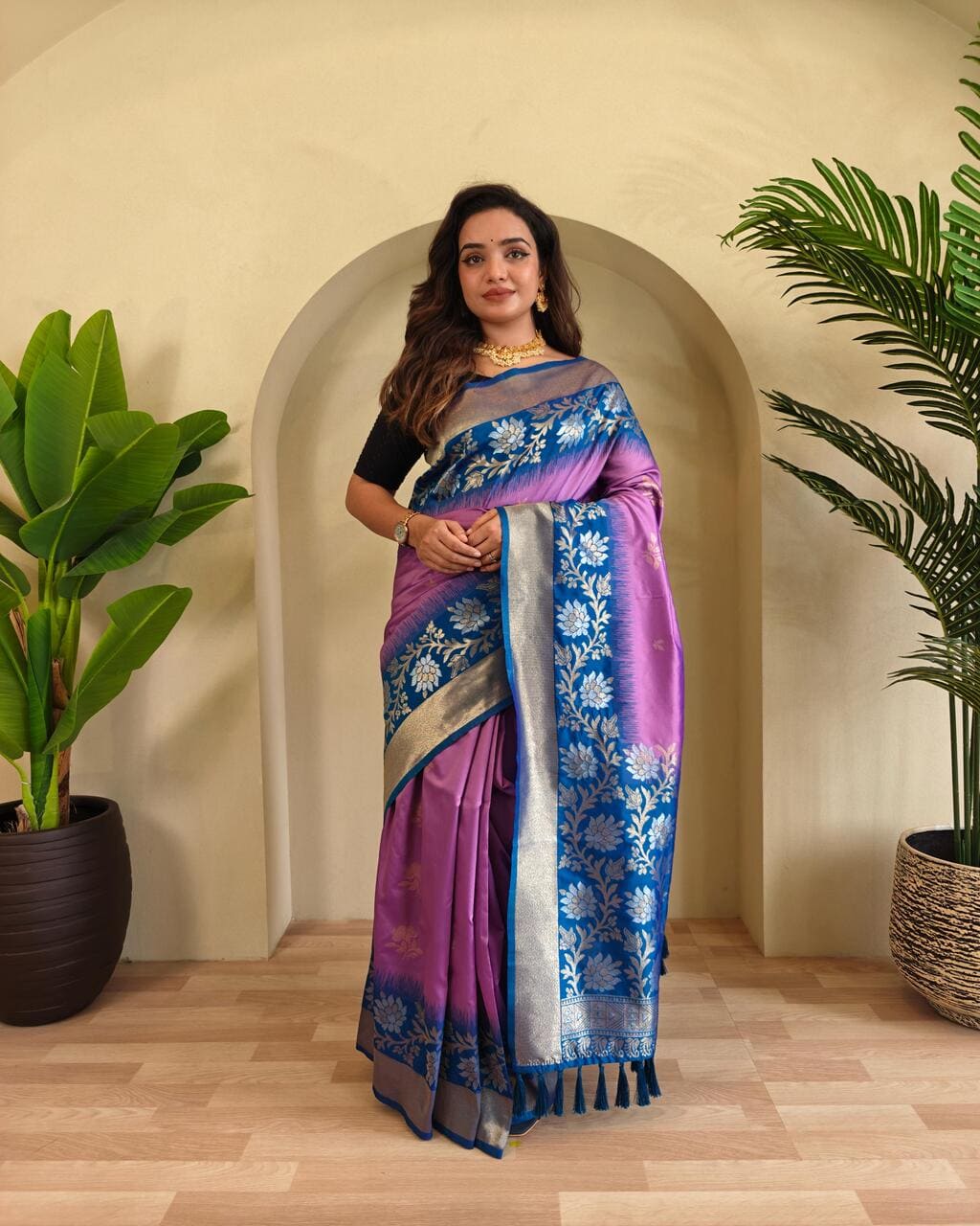 Designer Pink with Blue Silk Saree with Contrast Tassel Pallu for Festive Wear