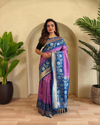 Designer Pink with Blue Silk Saree with Contrast Tassel Pallu for Festive Wear