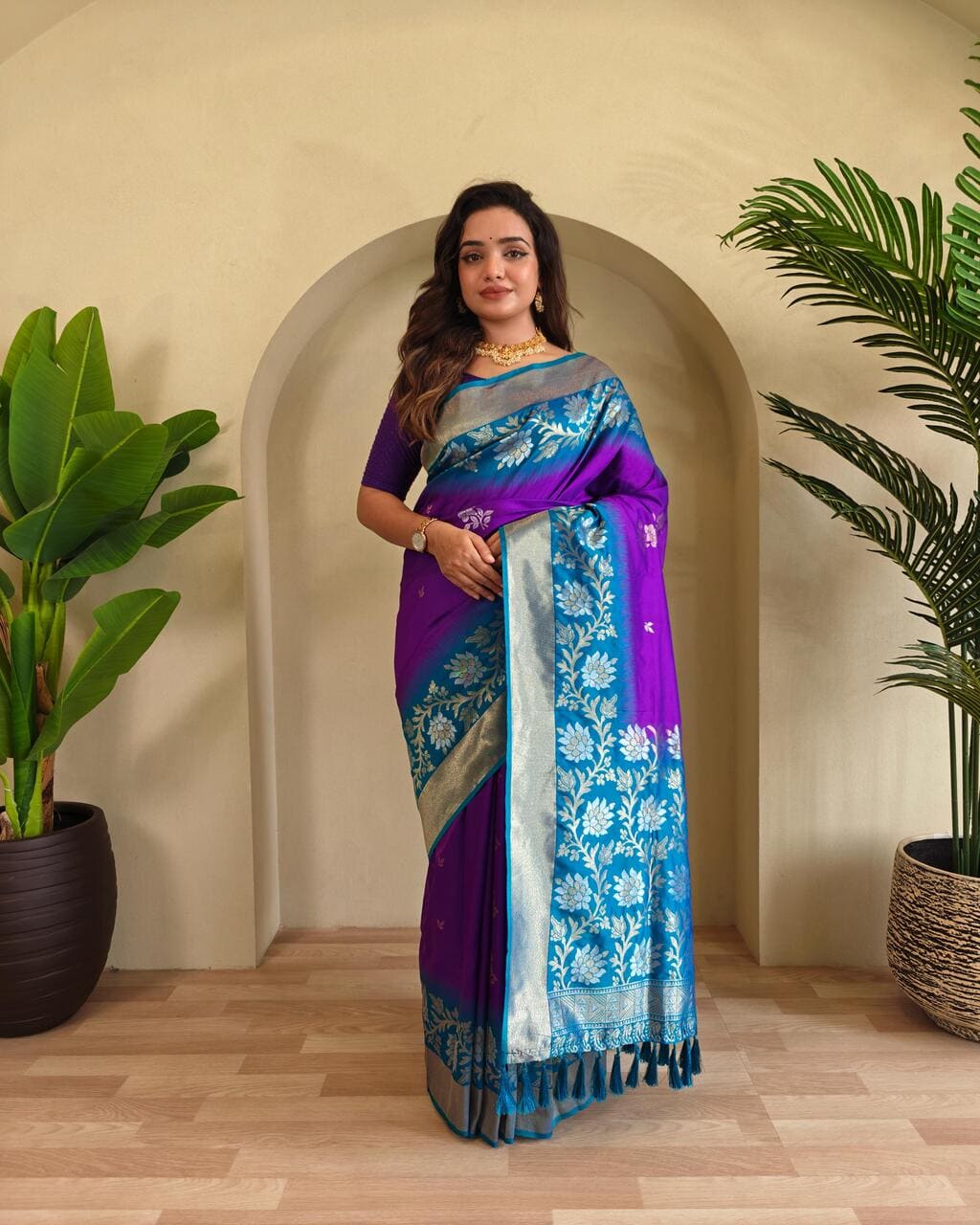 Festive Wine with Rama Dual Tone Silk Saree for Wedding Celebrity Look