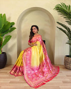 Designer Yellow Silk Saree with Pink Tassels, perfect for Wedding and Festive Wear