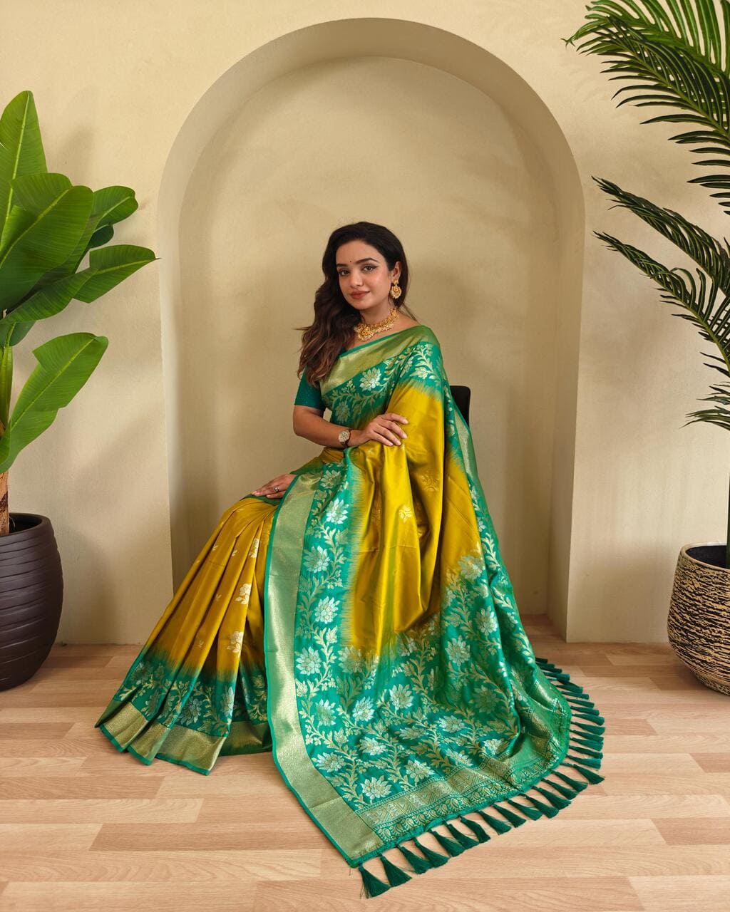 Designer dual tone silk saree with contrast pallu, tassels, and rich zari weaving for weddings









