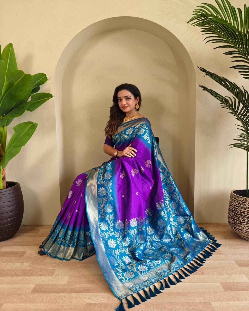 Elegant Wine Silk Saree with Rama Tassel Pallu, perfect for Wedding Occasions
