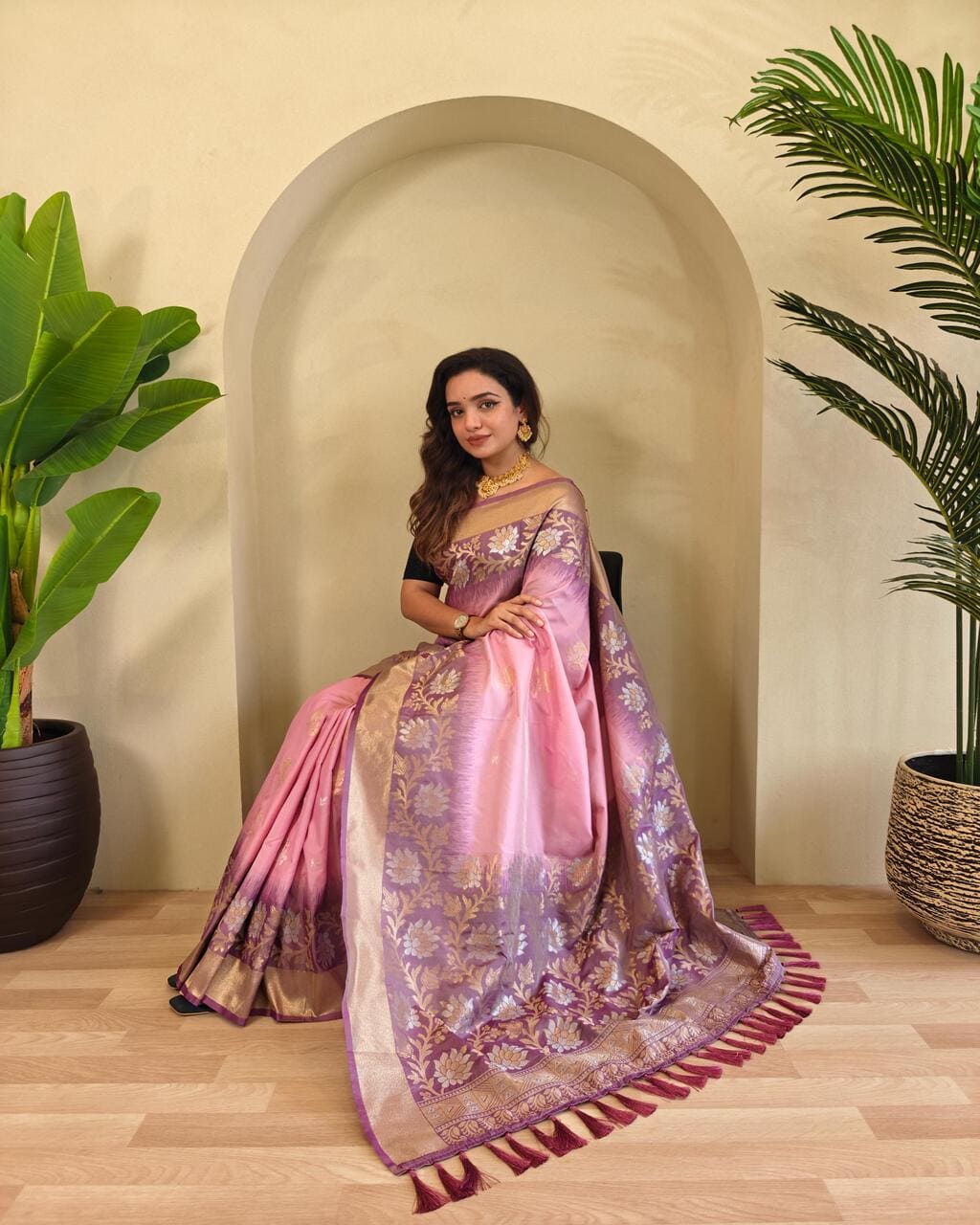 Elegant Light Pink Silk Saree with Wine Tassels, perfect for Wedding and Festive Wear