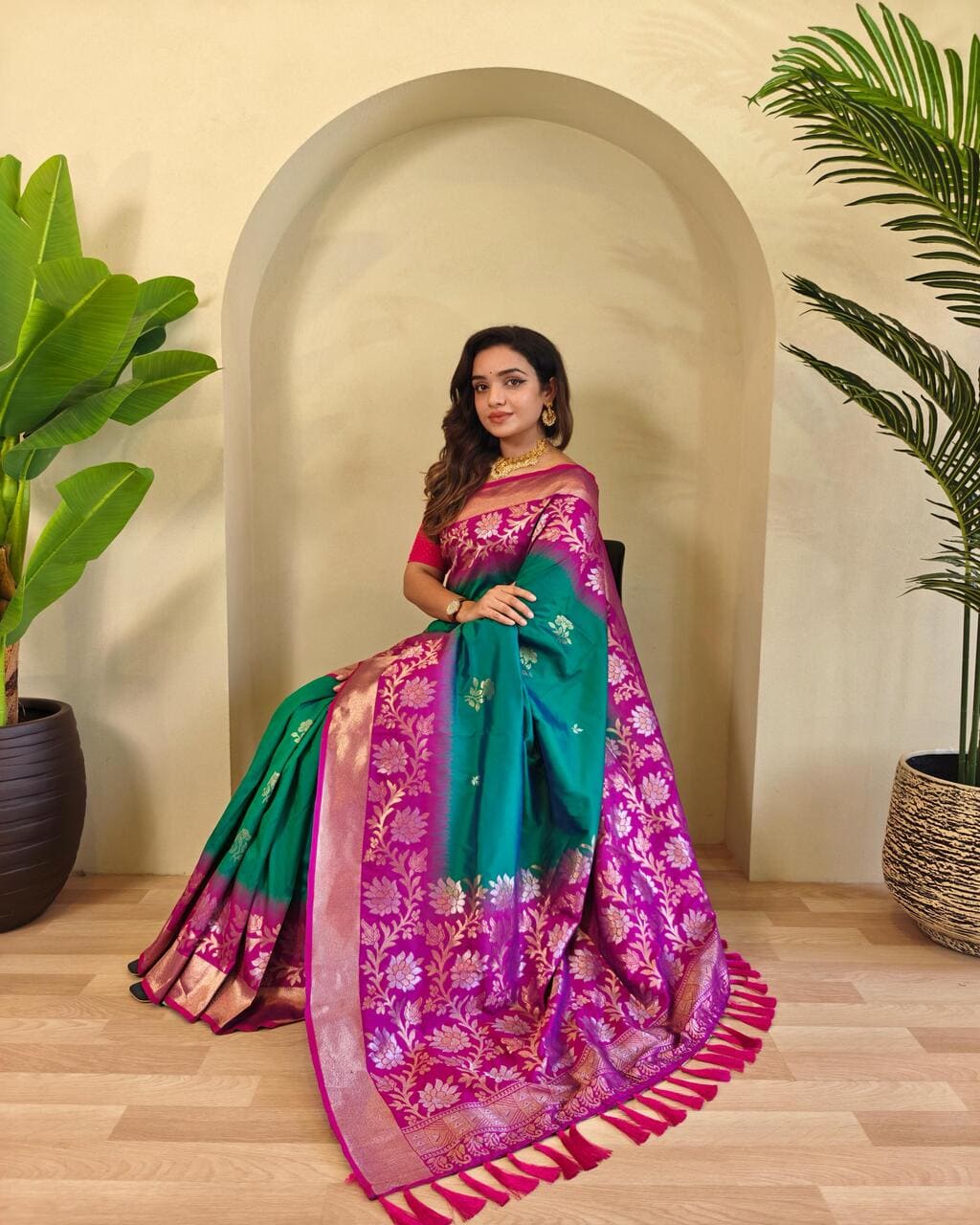Designer Rama silk saree with contrast pallu and tassels, ideal for every occasion