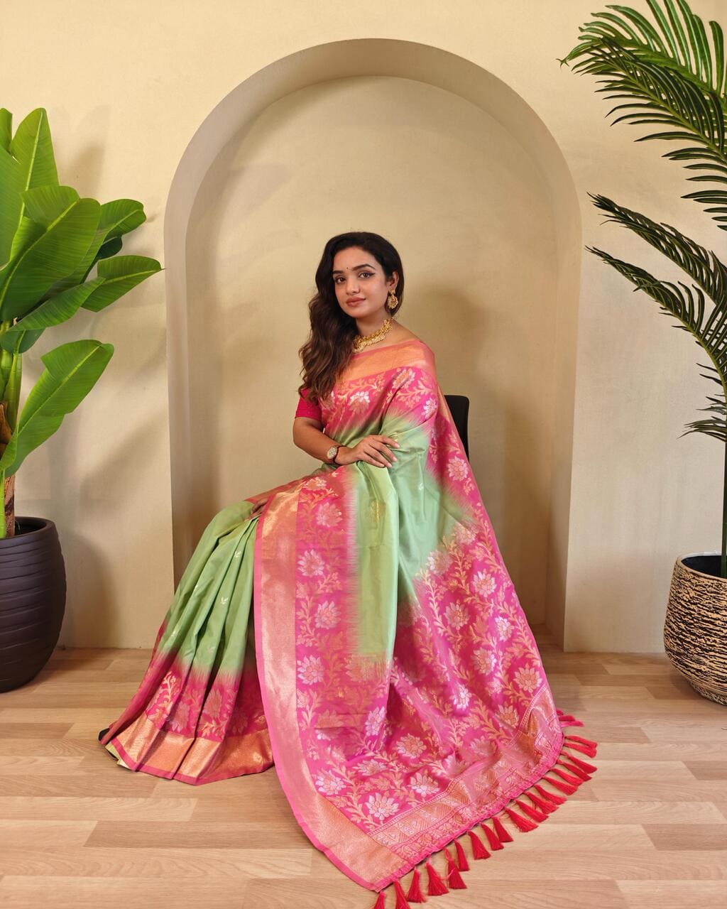 Designer Pista silk saree with contrast pallu and rich zari detailing for every occasion