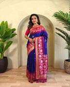 Designer Blue with Pink Dual Tone Silk Saree with rich zari detailing for wedding wear