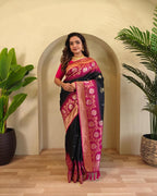 Elegant Black silk saree with contrast pallu and tassels, perfect for weddings