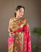 Pink Paithani Saree with Meenakari Pallu, golden zari and Patola style for weddings