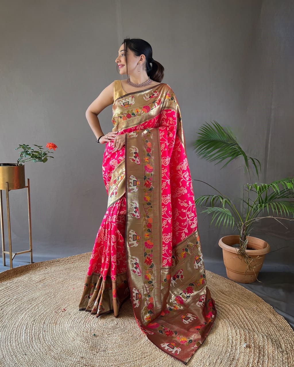 Luxury Pink Paithani Saree with golden zari, Patola weave and festive look