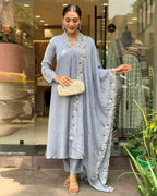 Festive wear sky round kurta set for women with stitched bottom and matching dupatta