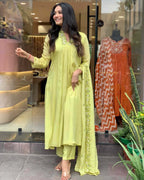Parrot green round kurta set with embroidery work in chinon fabric for festive wear