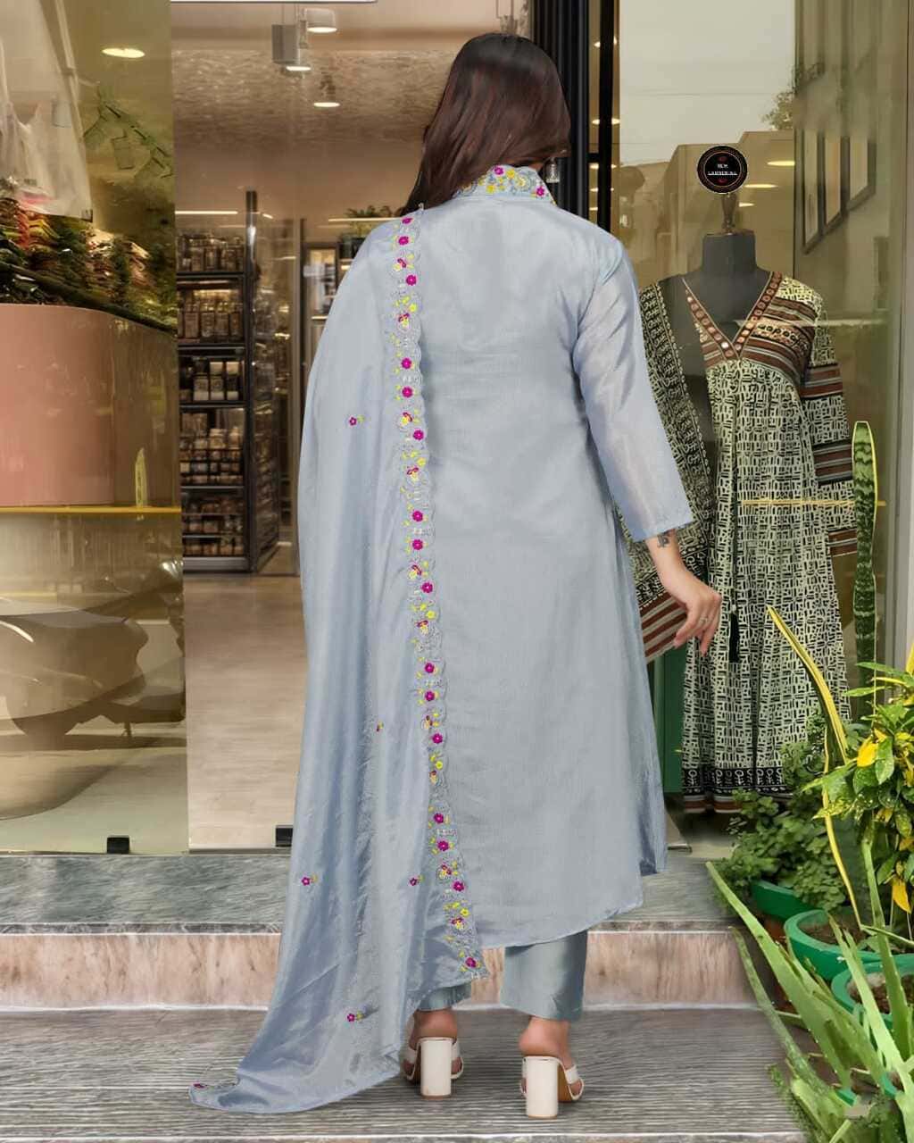 Sky color embroidered round kurta dupatta set for Rakshabandhan and party occasions