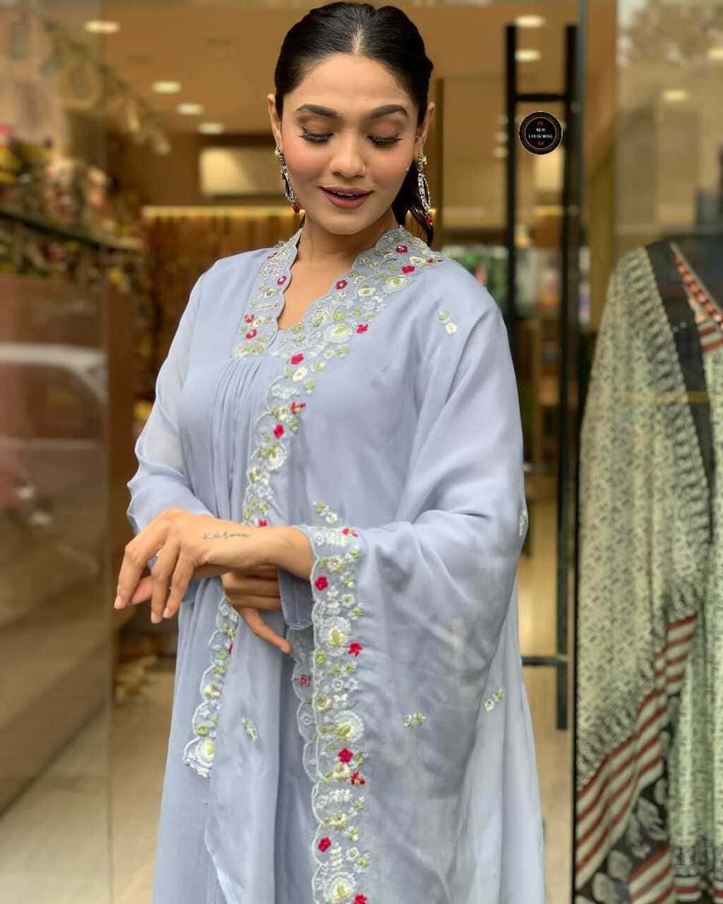 Sky round kurta dupatta set for women with embroidery, ideal for weddings and occasions