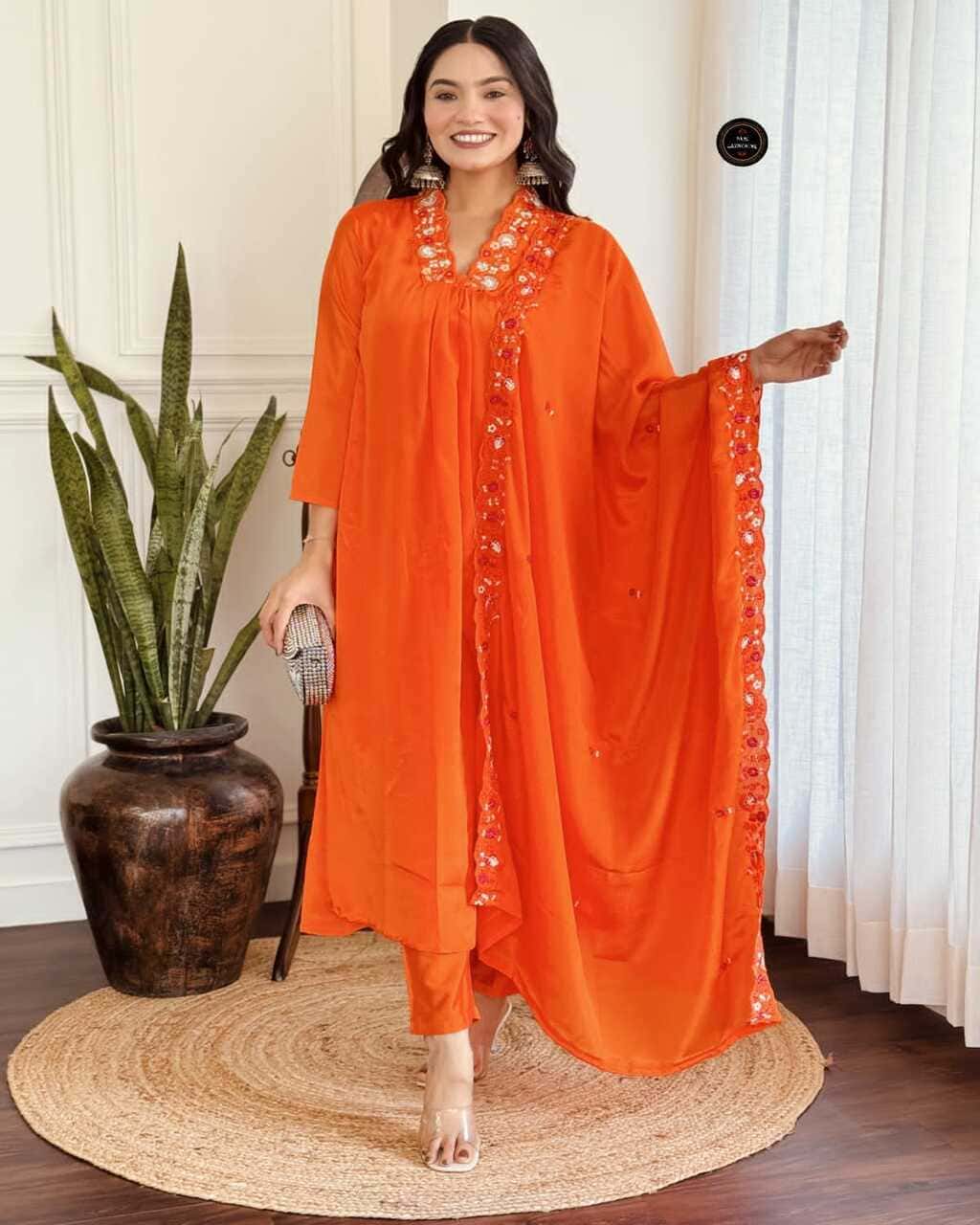 Designer orange kurta set for women with dupatta – perfect ethnic festive outfit