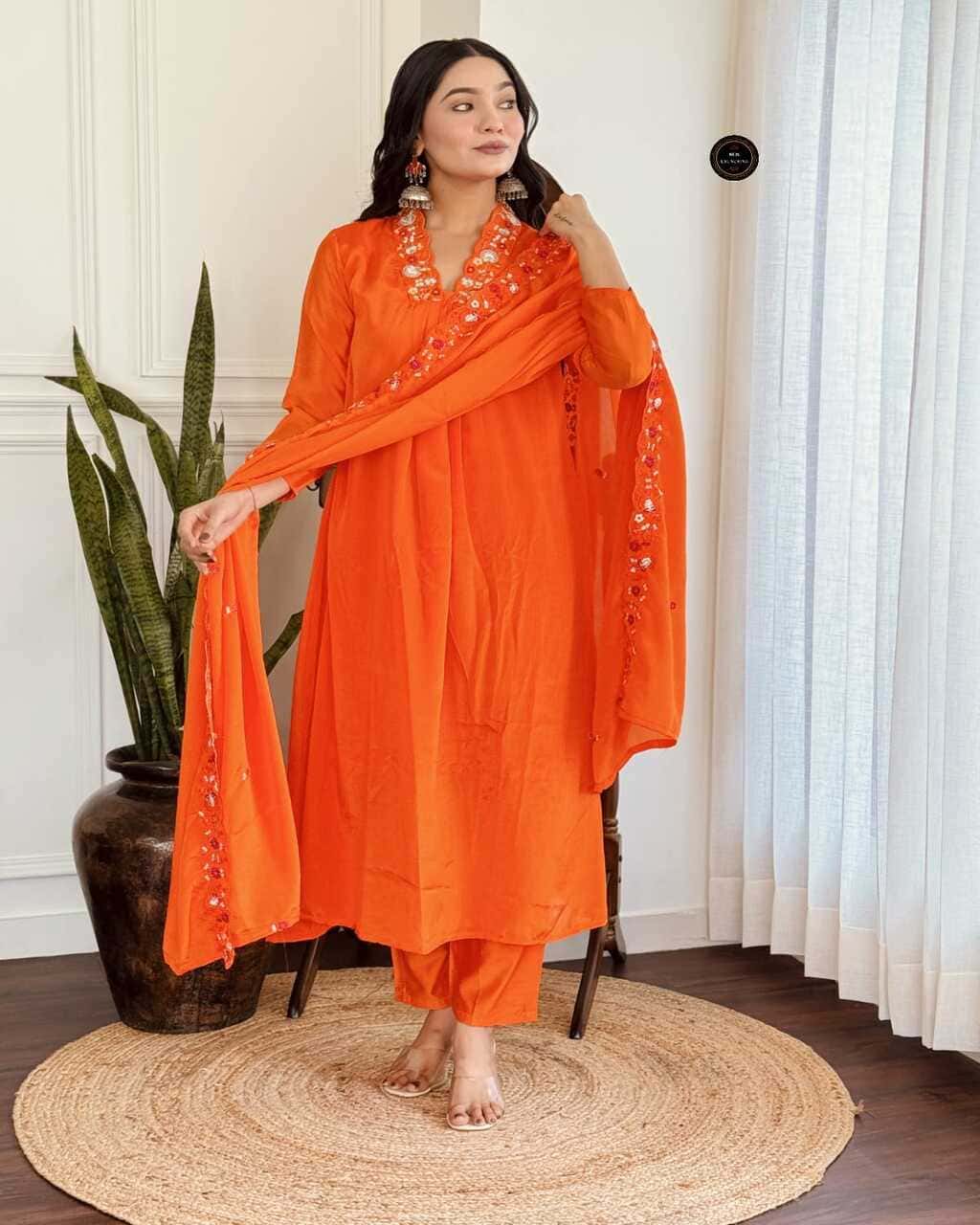 Elegant orange kurta set with embroidery and chinon fabric for Rakshabandhan wear