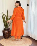 Orange festive kurta set with stitched pants and matching dupatta in chinon fabric