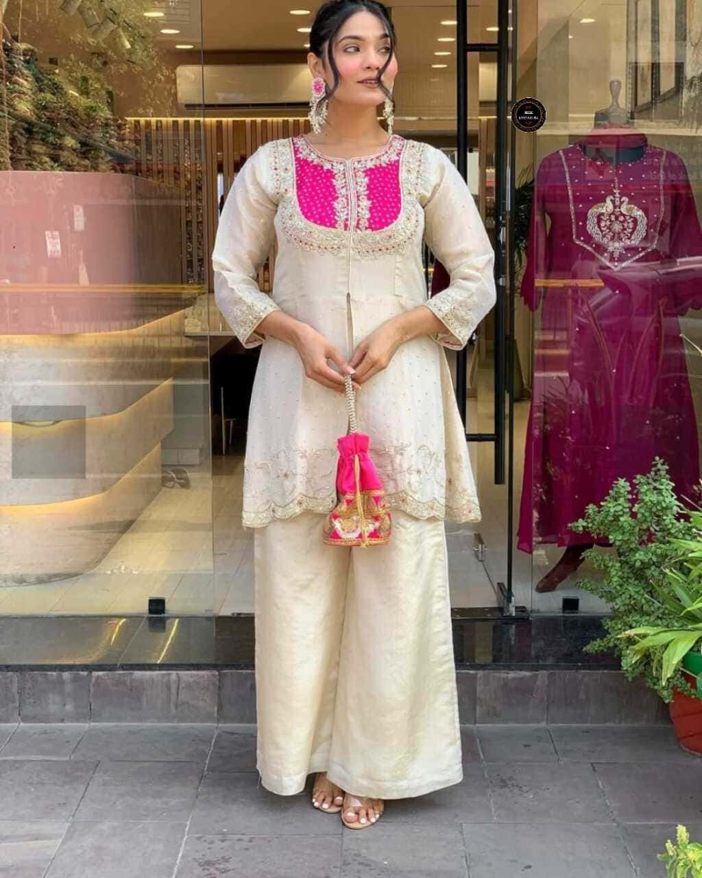 Designer pink with cream kurta set for women with embroidery – festive ethnic wear

