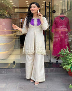 Purple with Cream Festive Kurta Set for Women Featuring Embroidery and Flared Style