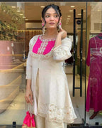 Elegant pink and cream round kurta set for Rakshabandhan and wedding occasions