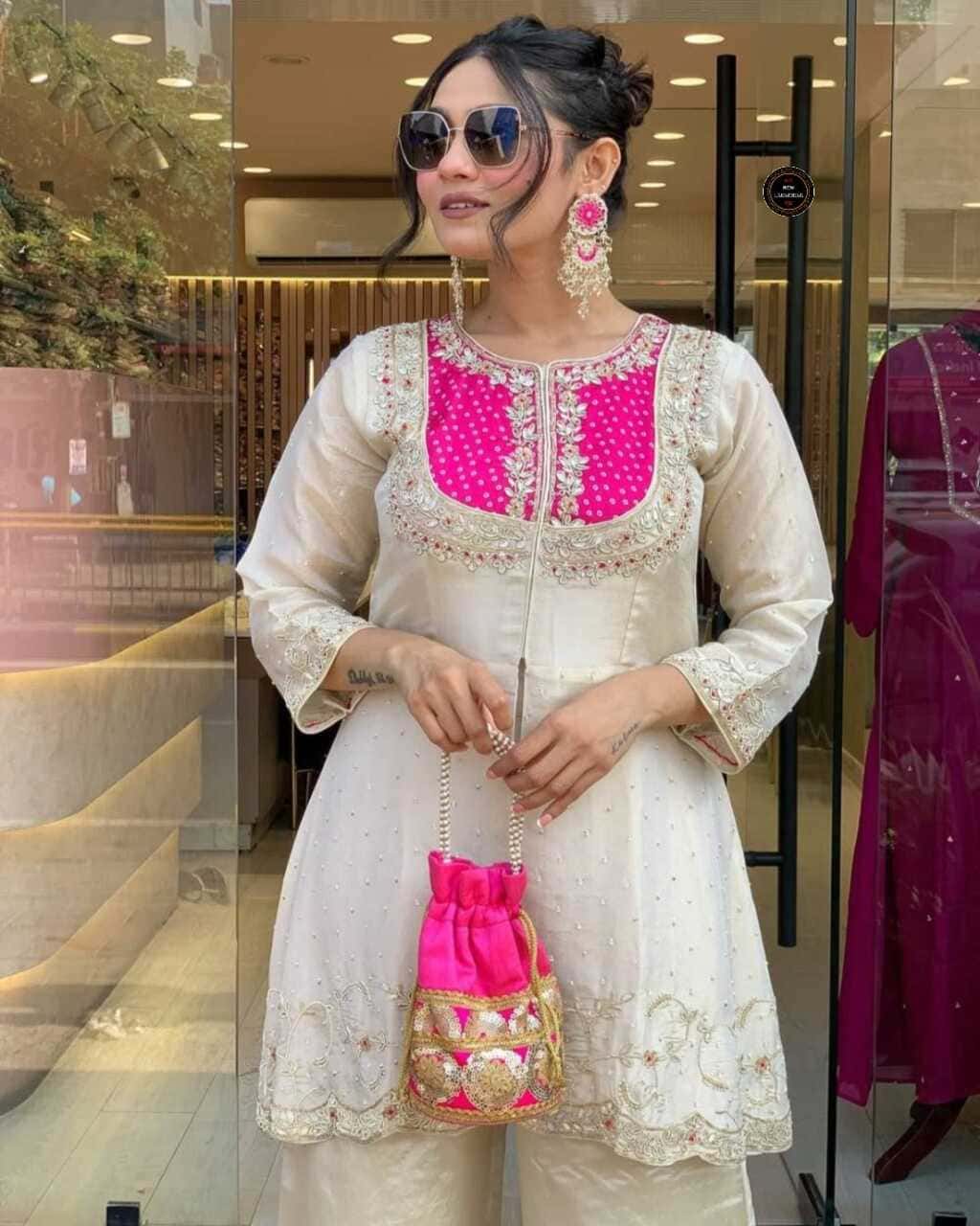 Stylish embroidered kurta set in pink and cream color – perfect festive outfit

