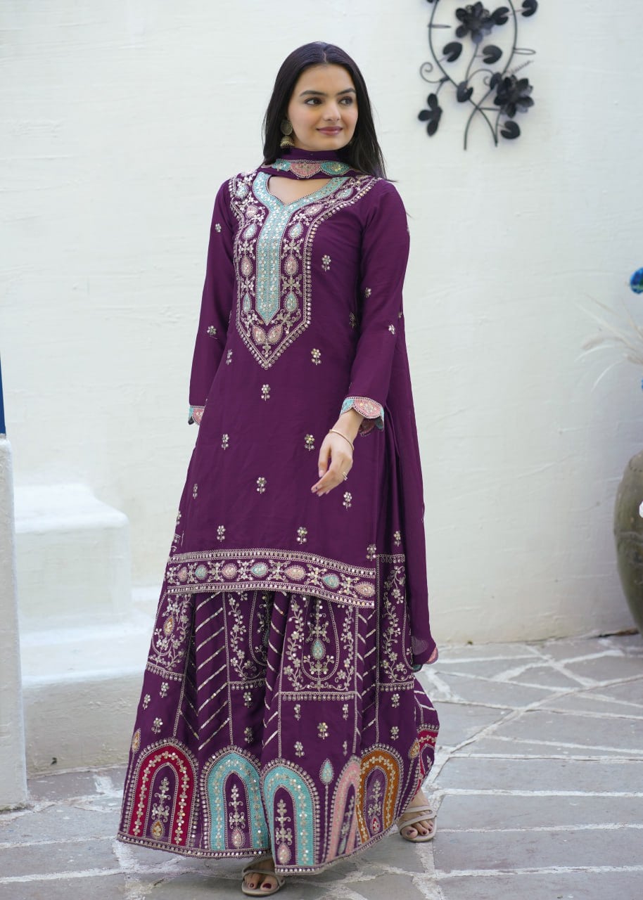 Designer Wine Embroidered Chinon Suit with Sharara Set