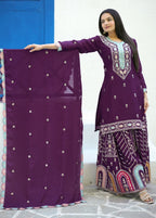 Designer Wine Embroidered Chinon Suit with Sharara Set