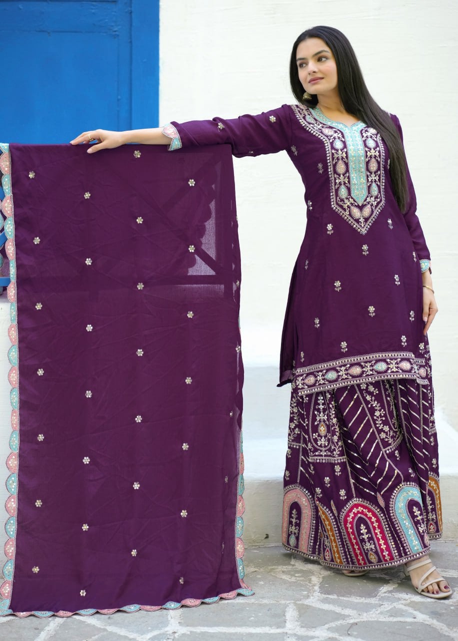 Designer Wine Embroidered Chinon Suit with Sharara Set