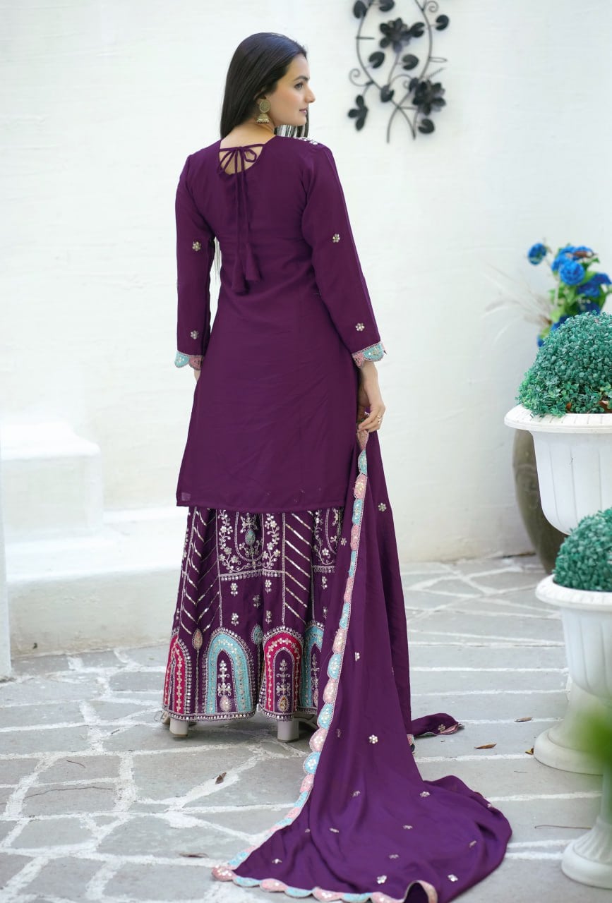 Designer Wine Embroidered Chinon Suit with Sharara Set