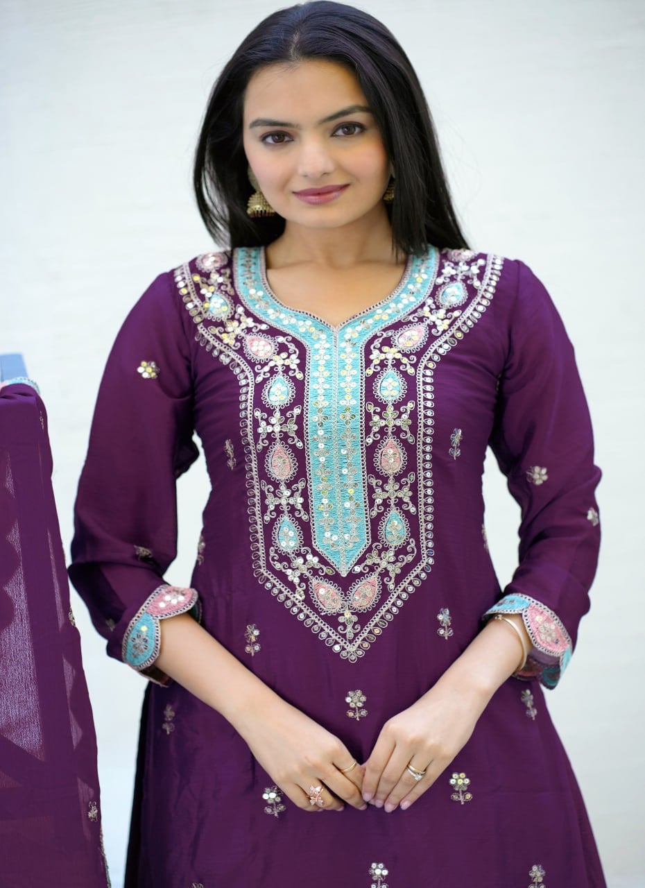 Designer Wine Embroidered Chinon Suit with Sharara Set