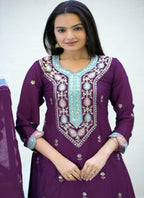Designer Wine Embroidered Chinon Suit with Sharara Set