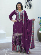 Designer Wine Embroidered Chinon Suit with Sharara Set