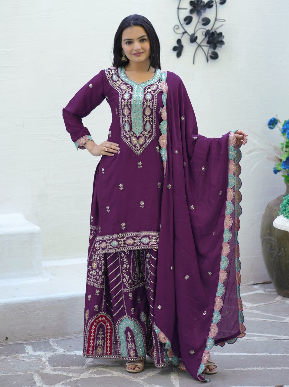 Designer Wine Embroidered Chinon Suit with Sharara Set